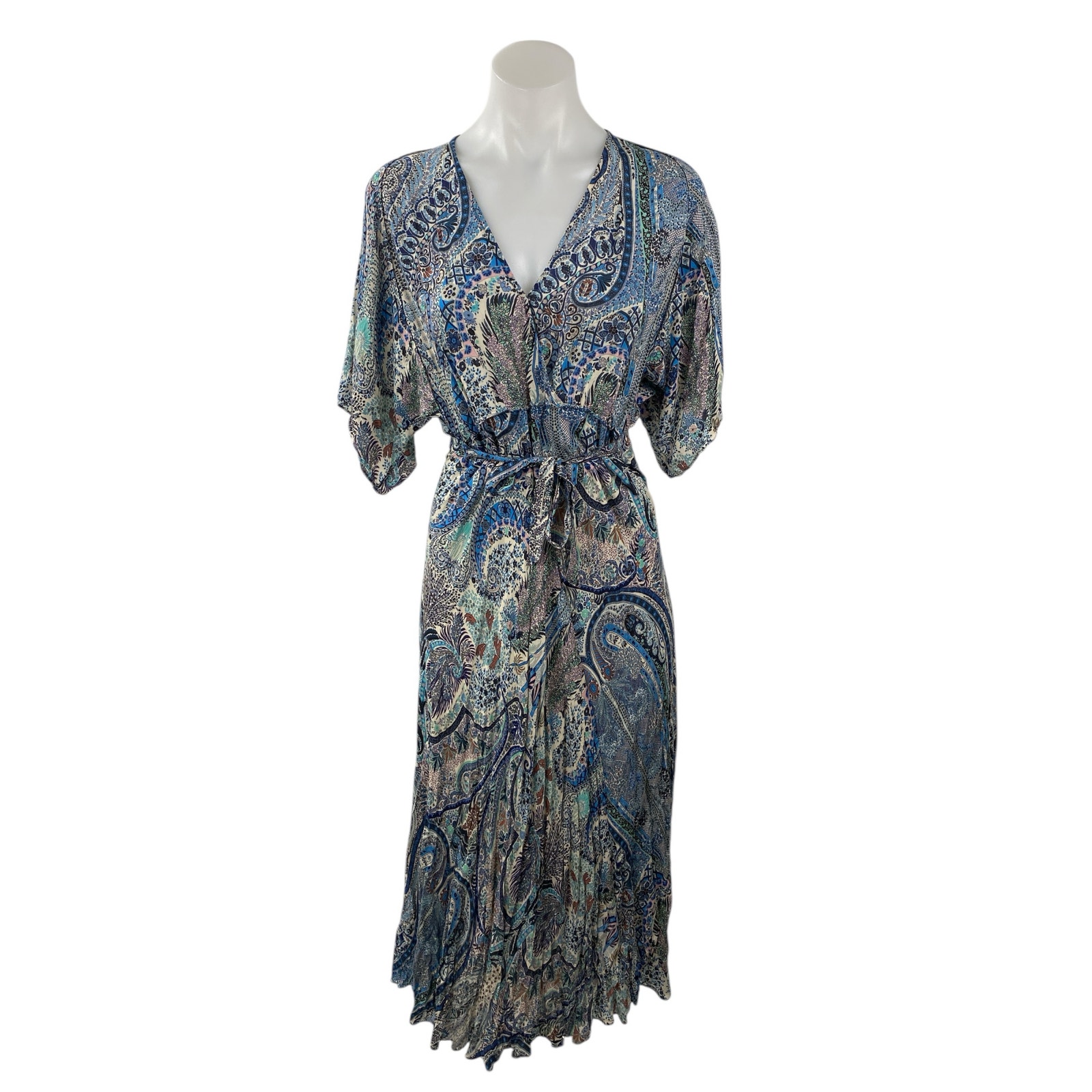 Ba&Sh Blue Paisley Print Half Sleeve V Neck Tie Waist A Line Midi Dress Size Xs